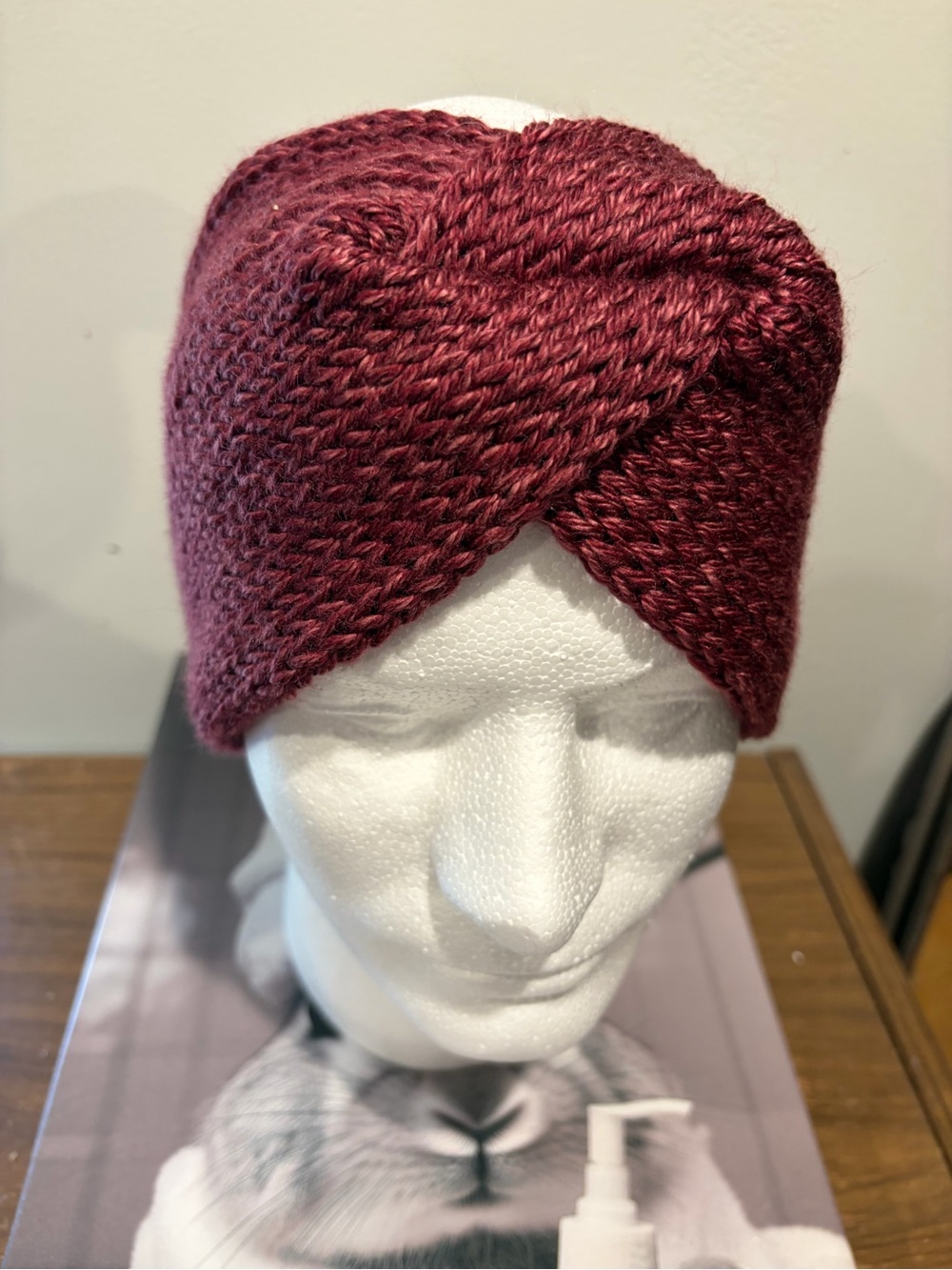 Handmade Knit Twist Front Ear Warmer Headband | Choose Blue or Burgundy - Picture 2 of 6